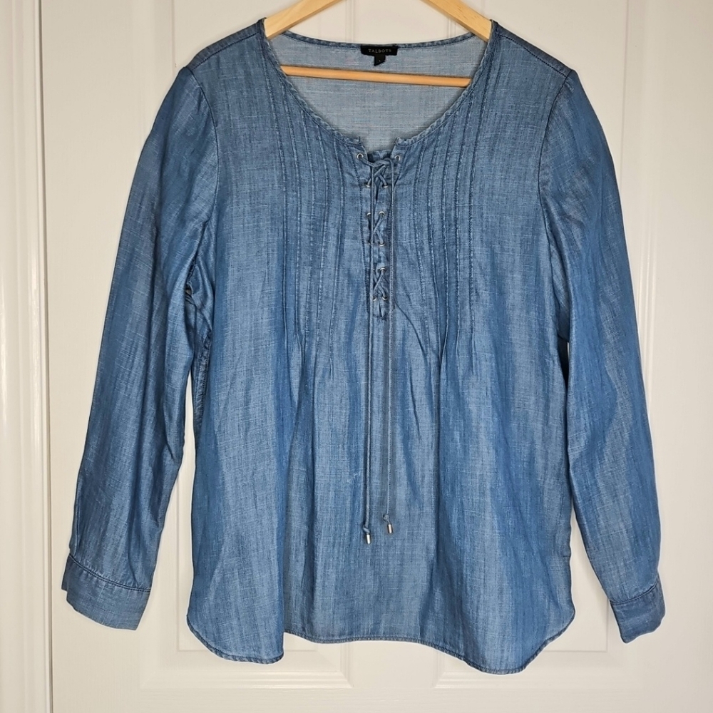 Talbots Chambray Tunic Top Womens L Pintuck Ren Faire Festival Lace Up Boho Size